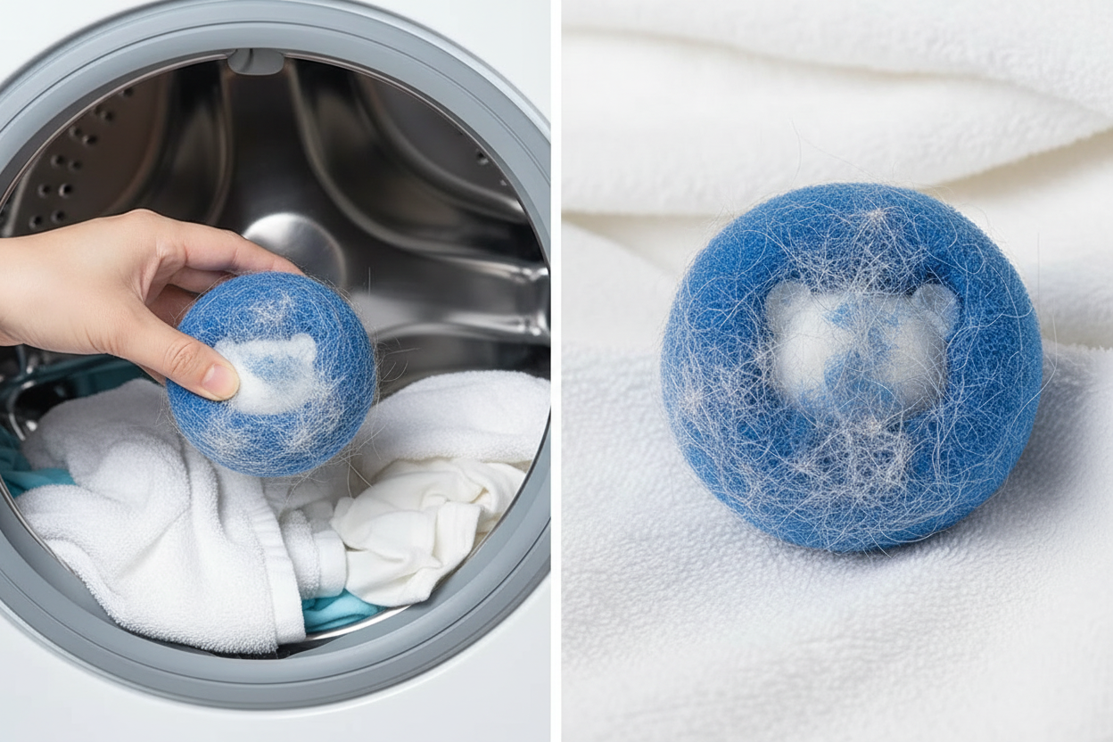 Split-screen : balle sortie de la machine + gros plan poils